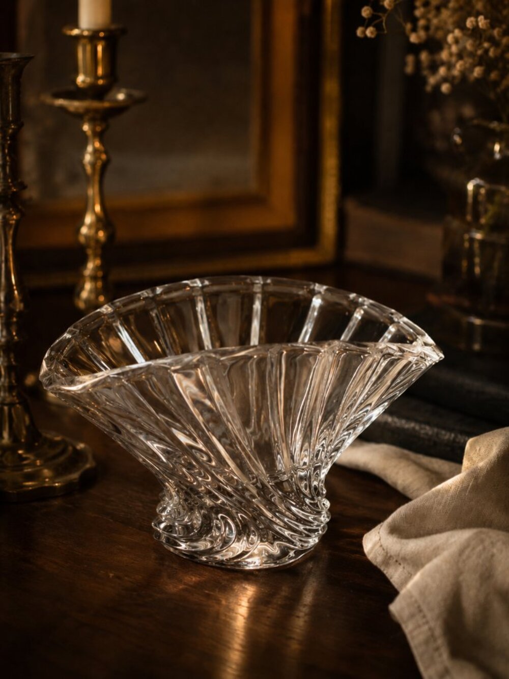 Vintage Crystal Swirl Taper Candle Holder Sculptural Art Glass